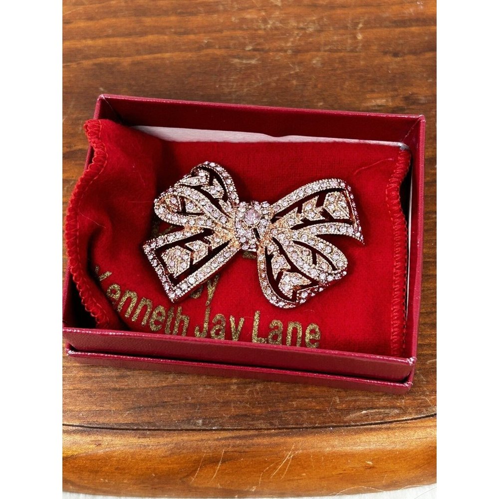 KJL Kenneth Jay Lane Pink Rose Metallic Crystal Bow Brooch Pin